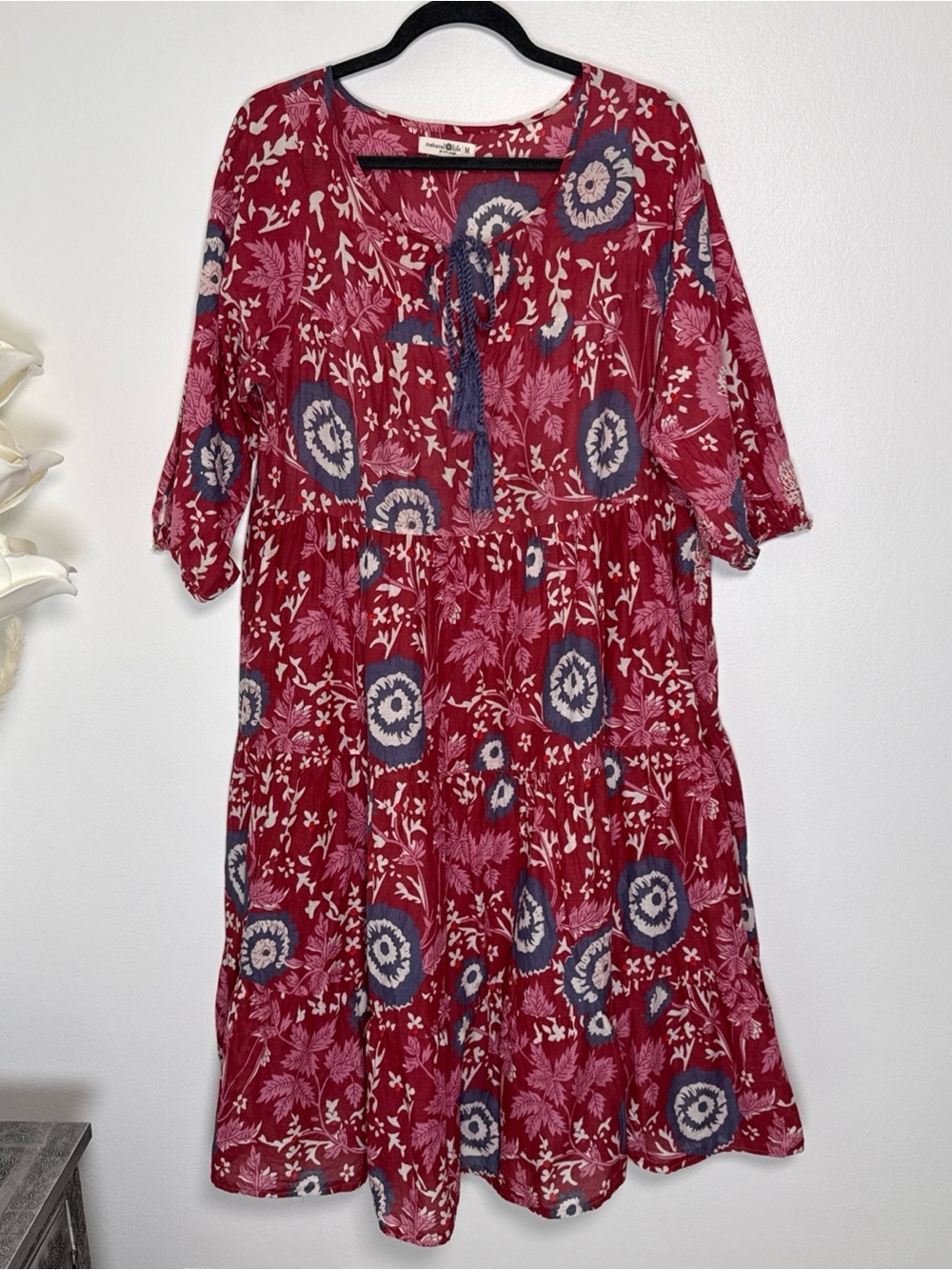 Natural Life Floral Tiered Midi Dress Size Medium Red Cotton Oversized Boho